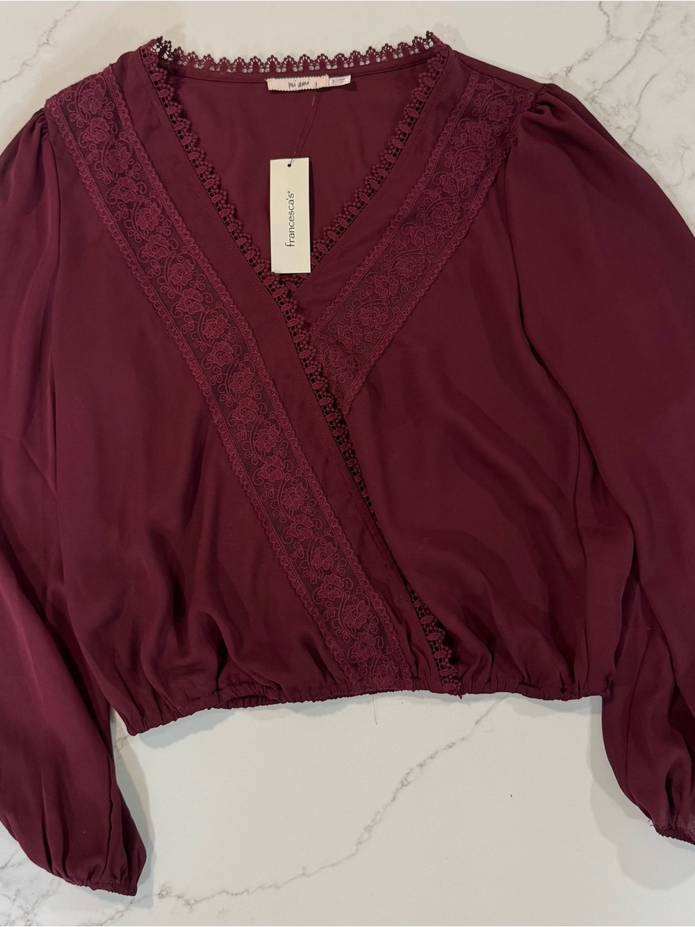 miami Burgundy Lace-Trim Surplice Blouse
